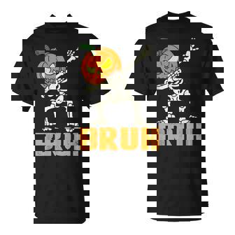 Bruh Skeleton Halloween Dabbing Boys Pumpkin Jack O Lantern T-Shirt - Monsterry