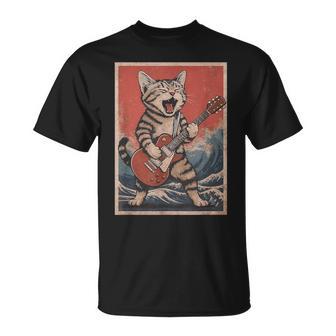 Cat Playing Guitar Distressed Rock And Roll T-Shirt - Thegiftio UK
