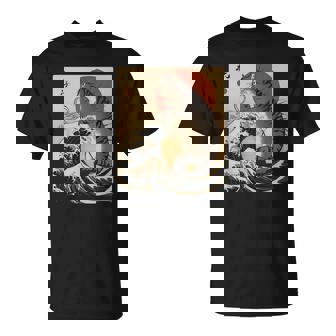 Catzilla 日本の波 ヴィンテージ 夕日 面白い 猫 アート Tシャツ - Kawaiitshirt