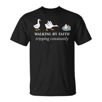 Christian Goose Walking By Faith Tripping Constantly Bible T-Shirt - Monsterry