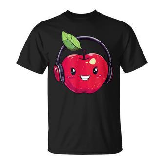 Cool Red Apple With Headphones For Boys And Girls T-Shirt - Monsterry