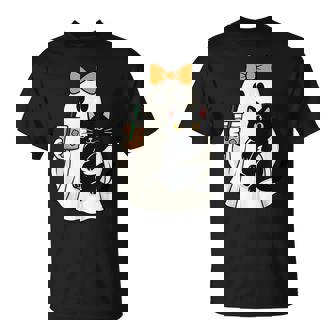 Cute Halloween Cat Ghost Drinking Coffee Ghost Girls T-Shirt - Thegiftio