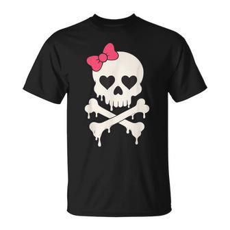 Cute Skull Pink Bow Dripping Crossbone Halloween Girls T-Shirt - Thegiftio