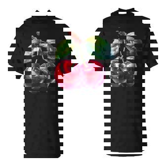 Dos Cerezas Dulces Rojas Con Una Hoja Y Gotas De Cerezas In Mangas Camiseta unisex - Regaloses
