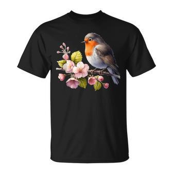 Encantador Petirrojo Posado En La Rama Del Árbol De Flor De Cerezo In Mangas Camiseta unisex - Regaloses