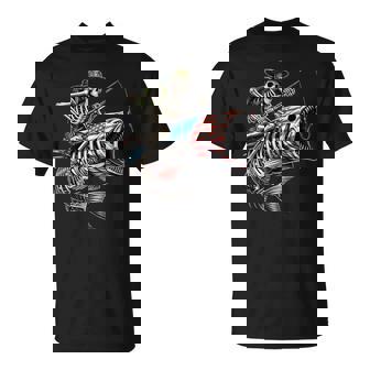 Fishing American Flag Bass Fish Skull Skeleton Fisherman T-Shirt - Monsterry