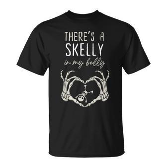 Skeleton There's Skelly In My Belly Pregnant Halloween T-Shirt - Thegiftio