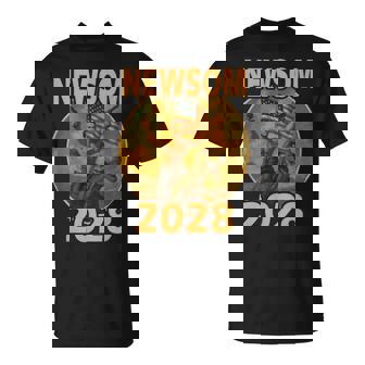 Gavin Newsom 2028 Bold Patriotic Leader Riding Dinosaur T-Shirt | Mazezy