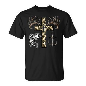 Hunting Fishing Cross Camo Faith Christian Fisherman Hunter T-Shirt - Thegiftio UK