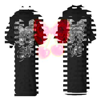 Jolie Noeud Coquette Avec Cerises Et Coeurs Esthétiques T-Shirt - Cadeauxyz
