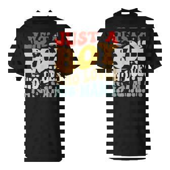 Just A Boy Who Loves His Mama Mother's Day Groovy Style T-Shirt | Mazezy