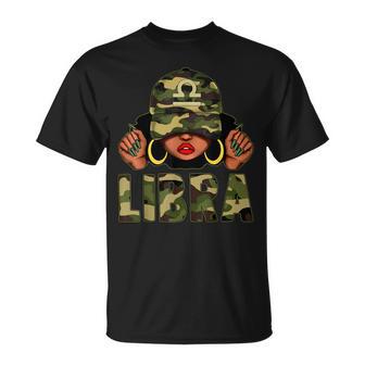 Libra Queen Black Woman With Cap Camo Afro Girl Zodiac T-Shirt - Monsterry