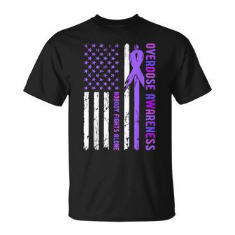 Overdose Awareness In August We Wear Purple Ribbon Usa Flag T-Shirt - Thegiftio