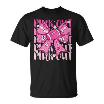 Pink Out Breast Cancer Football Coquette Bow Mom Girls Women T-Shirt - Thegiftio UK
