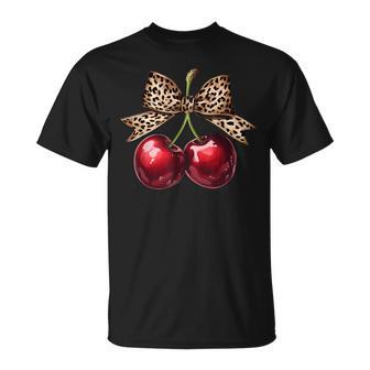 Retro Cherry Leopard Coquette Bow Cute Cherries Girls T-Shirt - Thegiftio UK