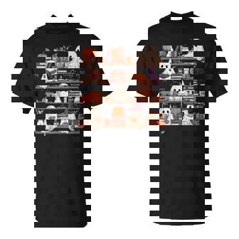 Retro Ghosts Reading Book Halloween Bookshelf Spooky Library T-Shirt - Monsterry