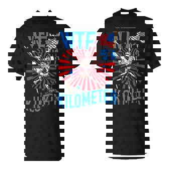 Retro Wtf Is A Kilometer Patriotic American Skeleton T-Shirt - Monsterry