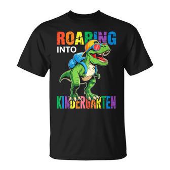 Roaring Into Kindergarten Boys Dinosaur T Rex Back To School T-Shirt - Thegiftio UK
