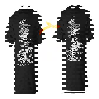 Skeleton Messy Bun Drinking Coffee Halloween Costume Womens T-Shirt - Thegiftio