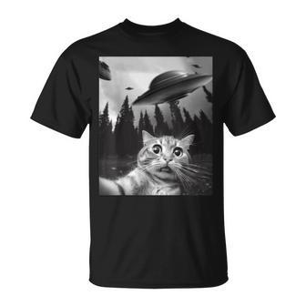 Ufo付き面白い猫セルフィー Tシャツ - Kawaiitshirt