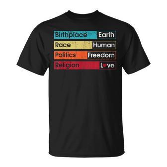 Vintage Geburtsort Erde Rennen Menschliche Politik Religion Liebe T-Shirt - Geschenkecke