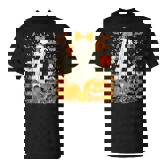 Vintage Halloween Ghost Holding Black Cat Groovy Floral T-Shirt | Seseable UK