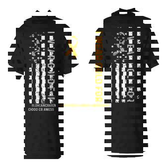 I Wear Gold For Childhood Cancer Awareness Us Flag Ribbon T-Shirt | Mazezy