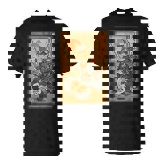 おもしろ寿司 侍猫 道場 夕日 浮世絵 漫画 漢字アート Tシャツ - Kawaiitshirt