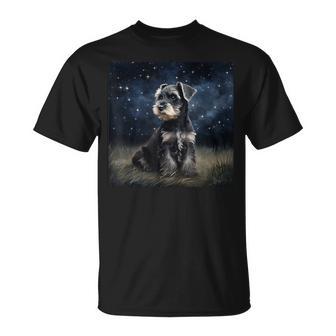 かわいいミニチュアシュナウザーの星空の犬 夜の絵画 Tシャツ - Kawaiitshirt