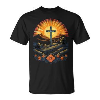 イースターデー クロスフラワー サンセット クリスチャン イースター Tシャツ - Kawaiitshirt
