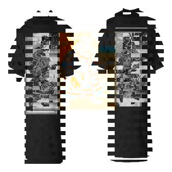 エレキギターを弾く日本の侍猫 浮世墨アート Tシャツ - Kawaiitshirt