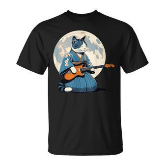 エレキギターを弾く日本猫 着物&猫ギター Tシャツ - Kawaiitshirt