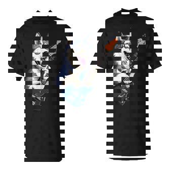 エレキギターを弾く面白いシベリアンハスキー犬ミュージシャン Tシャツ - Kawaiitshirt