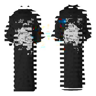 オーストラリアの地図。風景、動物、文化、シンボルのアイコン Tシャツ - Kawaiitshirt