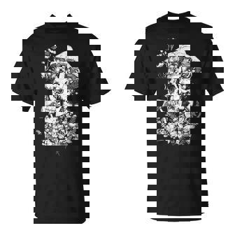 キノコや花があしらわれた骸骨の幻覚的なイラスト Tシャツ - Kawaiitshirt