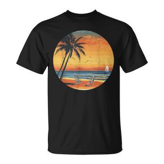 サンセット ビーチ ヤシの木 夏 バイブ レトロ トロピカル 夏 ビーチ Tシャツ - Kawaiitshirt