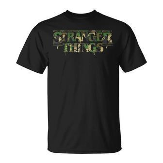 ストレンジャー・シングス ロゴ 迷彩 デモゴルゴン アンティーク調 逆さま Tシャツ - Kawaiitshirt