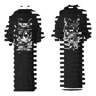 レトロな猫 サングラス付き 喫煙 大麻 雑草 葉 Tシャツ - Kawaiitshirt