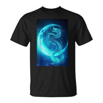 三日月のドラゴン ブルーギャラクシー天文学 アート Tシャツ - Kawaiitshirt