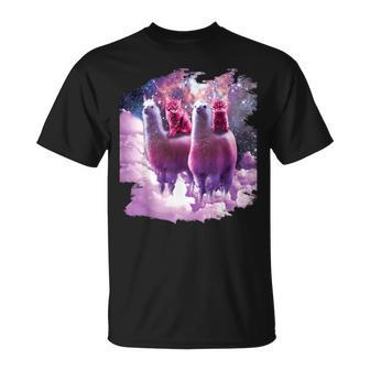 宇宙で虹色のラマに乗る子猫 Tシャツ - Kawaiitshirt