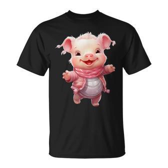 帽子とスカーフを着た豚のクリスマスプレゼント Tシャツ - Kawaiitshirt