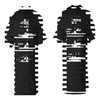 戦艦【大和 武蔵 三笠】軍艦 シルエット 日本 大日本帝国 海軍 帝国海軍 船 面白い ネタ 文字入り ウケ狙い Tシャツ - Kawaiitshirt