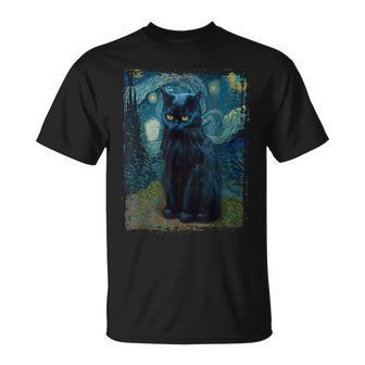 星月夜 ヴィンセント・ヴァン・ゴッホ 黒猫 レトロ絵画 猫 Tシャツ - Kawaiitshirt