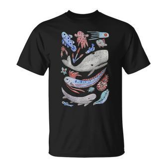 深海の海の生き物 オールフィッシュホエールサメ 水彩画 Tシャツ - Kawaiitshirt