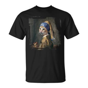 真珠のイヤリングを持つ少女 猫 パロディアート 面白い ヤン・フェルメール Tシャツ - Kawaiitshirt