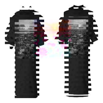 蓮の花畑 美しい夕日のグラフィック Tシャツ - Kawaiitshirt