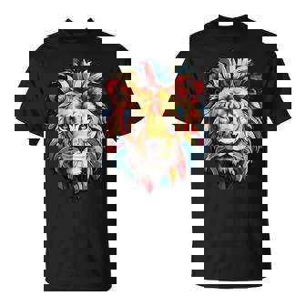 雄大なライオンヘッド 赤、黄、青の芸術的なたてがみ Tシャツ - Kawaiitshirt