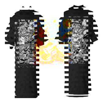 面白いレトロなデザインの猫がギターを弾く 星月夜 Tシャツ - Kawaiitshirt