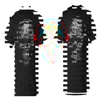 頭蓋骨アート曼荼羅ファンタジーカラフルなヘッドフォンモチーフの頭蓋骨 Tシャツ - Kawaiitshirt