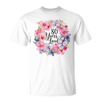 80 Years Loved 80歳の誕生日 フローラルリース 80歳 Tシャツ - Kawaiitshirt